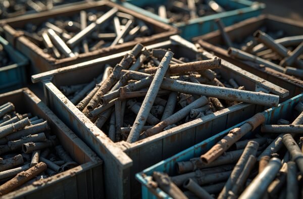Assorted rusted industrial scrap metal parts sorted in containers at recycling facility
