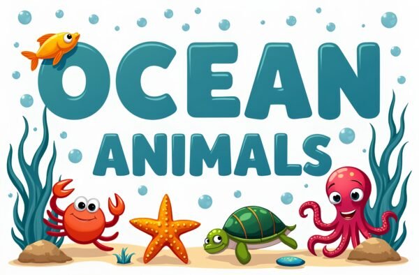 Cartoon style educational poster of ocean animals including fish dolphin octopus starfish crab and turtle