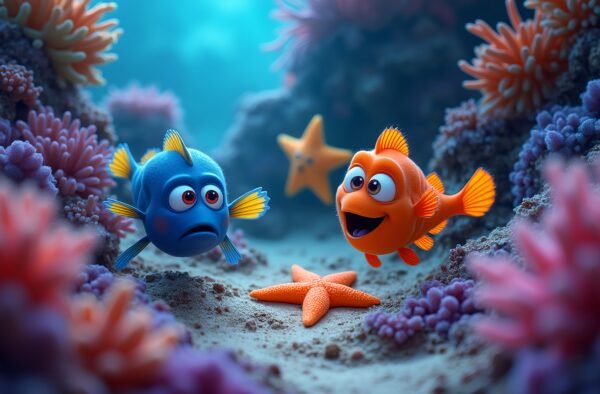 Curious little fish exploring a colorful coral maze, with surprised and scared expressions