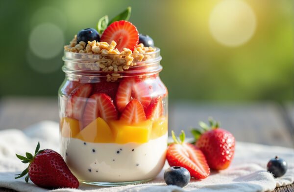 Colorful fruit and yogurt parfait in a glass jar layered with granola and strawberries