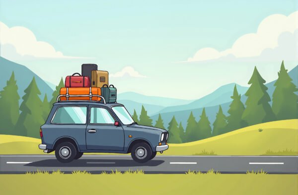 Vector illustration of a family car with travel luggage on roof and countryside background