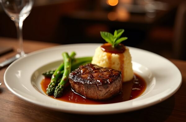 Elegant plated steak dinner with creamy mashed potatoes and grilled asparagus on white plate