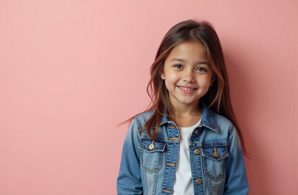 Young Middle Eastern girl in a denim jacket smiling gently - Image 1