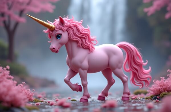 fantasy pink unicorn creature with golden horn