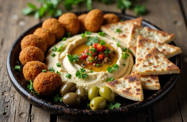 Middle Eastern breakfast of hummus plate with falafel and tabbouleh