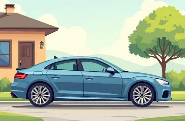 Flat vector sedan car side view illustration displayed in suburban driveway scene