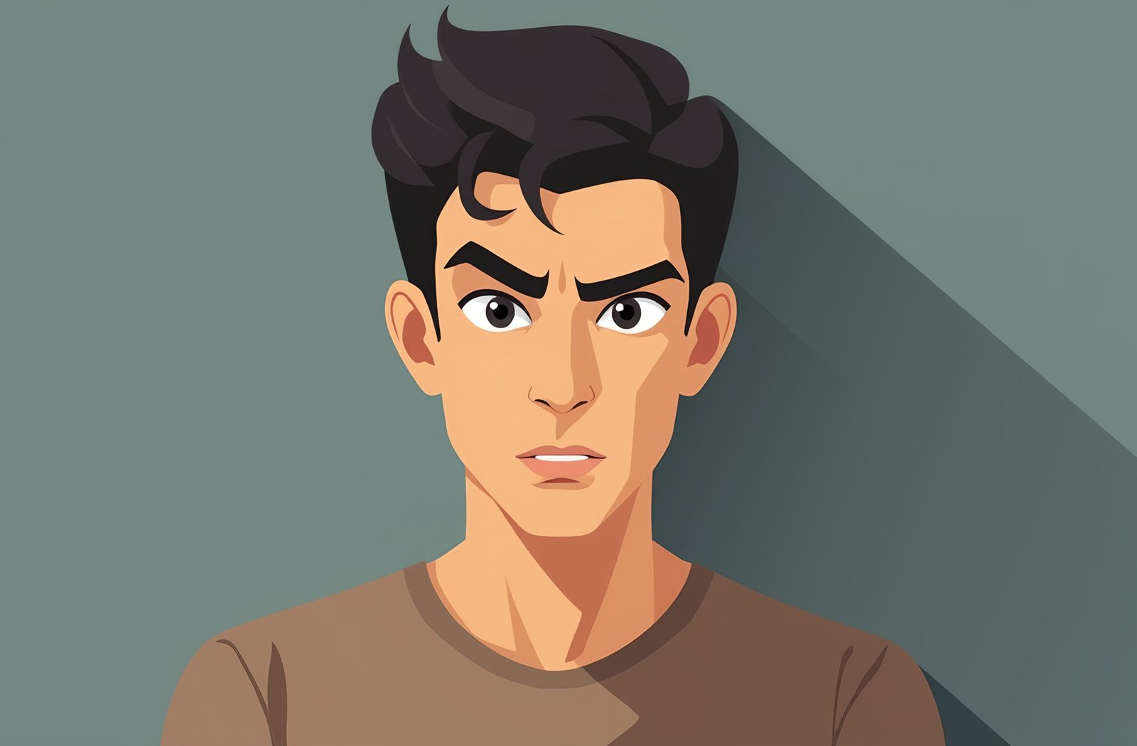 Flat vector portrait of young man with determined focused expression showing confidence and ambition