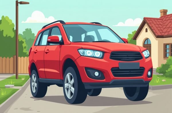 Flat vector red SUV crossover car side view illustration displayed in suburban driveway scene