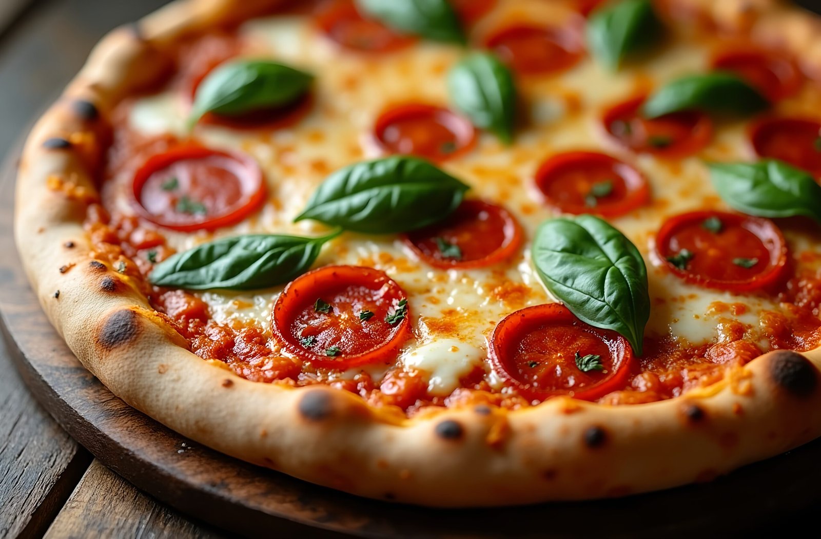 Freshly baked pizza topped with melted mozzarella cheese, pepperoni slices, and fresh basil leaves
