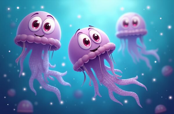 Group of jellyfish with expressive cartoon eyes floating in a dreamy underwater background
