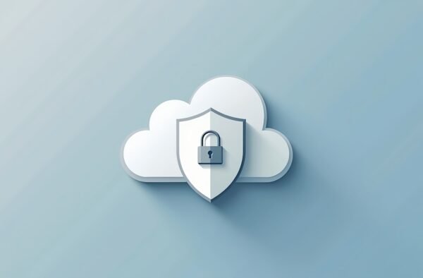 Minimalist illustration of cloud storage security shield and lock icons