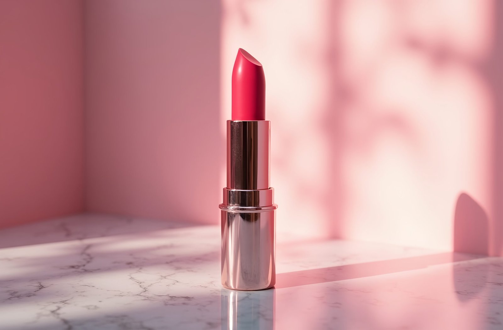 Open lipstick tube reflecting on glossy mirrored surface under a soft spotlight