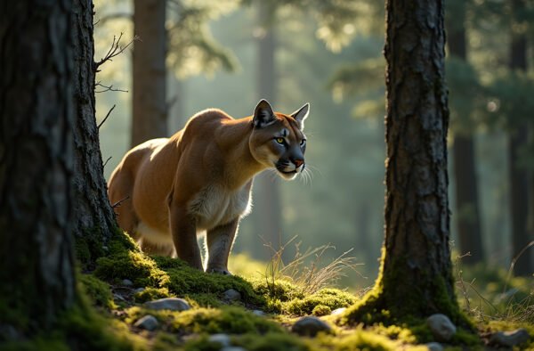 mountain lion crouching silently among pine trees