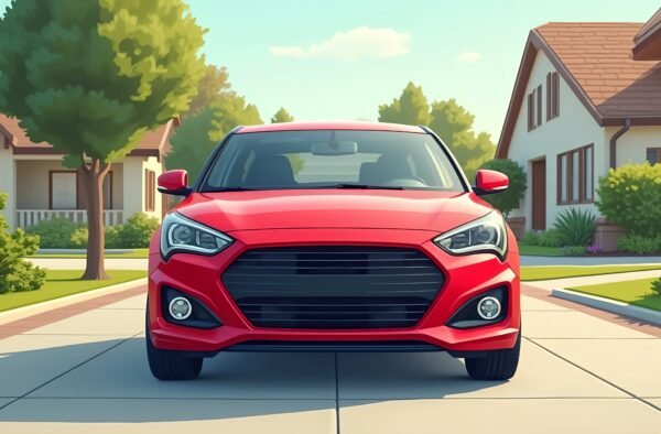 Flat vector sedan red car front view illustration displayed in suburban driveway scene