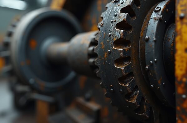 Photorealistic close up of old heavy duty machinery gears in motion