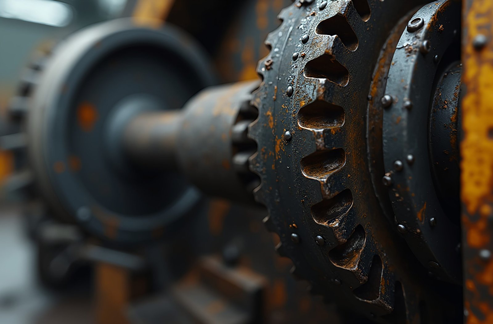 Photorealistic old heavy duty machinery gears in motion showing vintage industrial mechanical systems