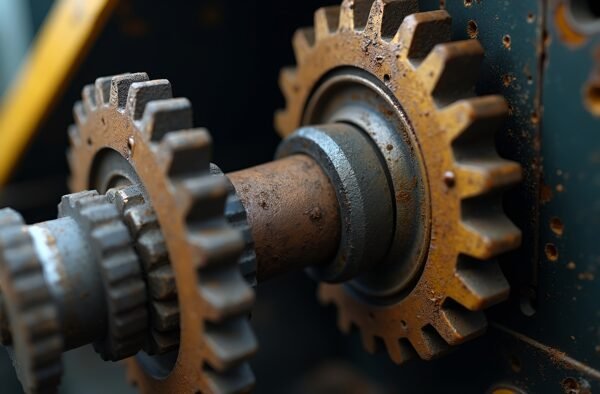 Photorealistic close up of old heavy duty machinery gears in motion