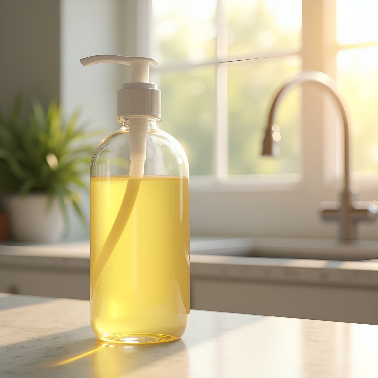 Photorealistic dish soap bottle mockup on kitchen counter near sink ready for custom branding