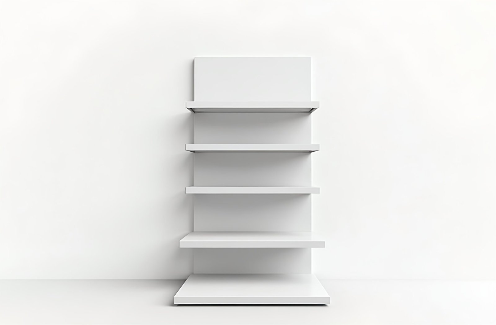 Photorealistic display stand mockup with multiple shelves on white studio background for product presentation
