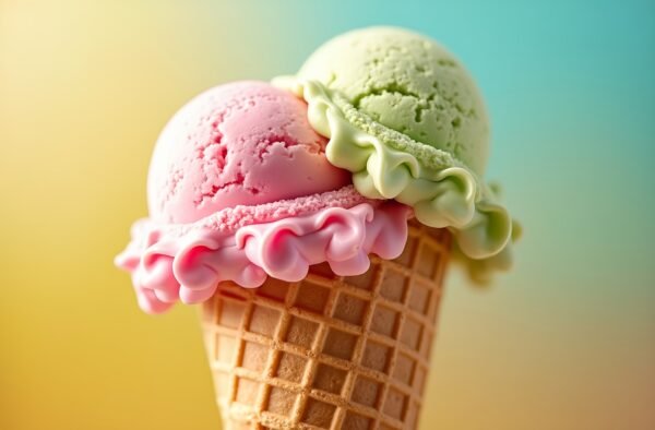 Photorealistic ice cream cone with two colorful scoops on vibrant summer background
