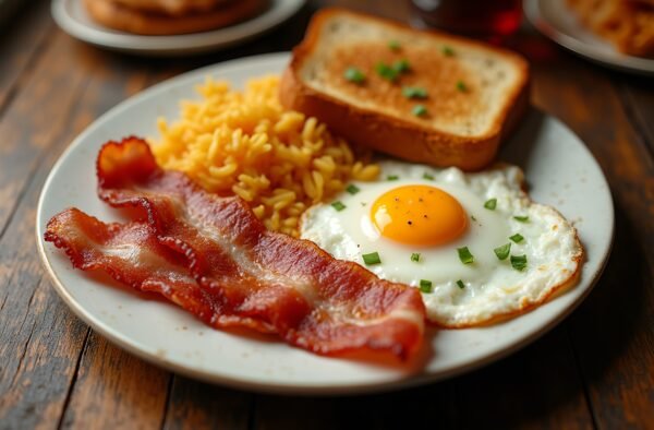 Photorealistic image of a full breakfast plate with sunny side up eggs with bacon and toast