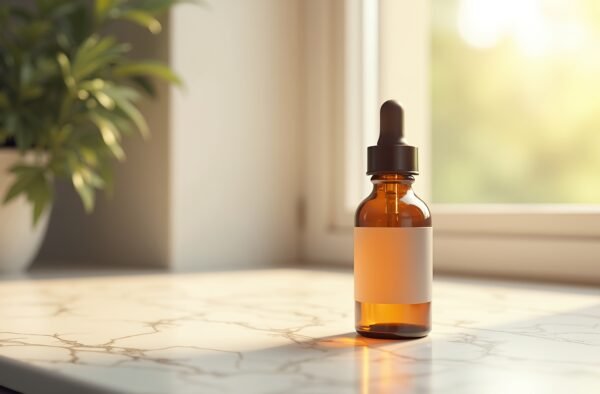 Photorealistic image mockup of an amber glass dropper bottle on a marble countertop