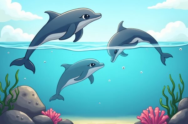 Playful cartoon style dolphins jumping above and below water near a coral covered rock