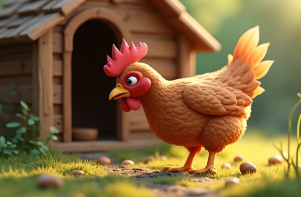3D chicken pecking at the ground near wooden coop