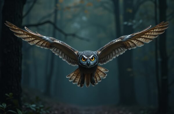 3D owl mid flight in forest at night