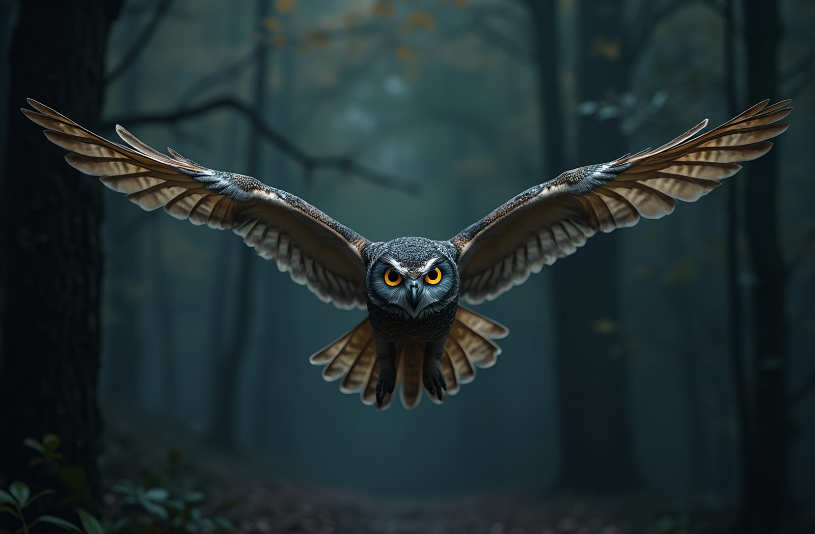 3D-rendered owl flying through moonlit forest at night, wings spread wide—ideal for fantasy, wildlife, or night-scene visuals
