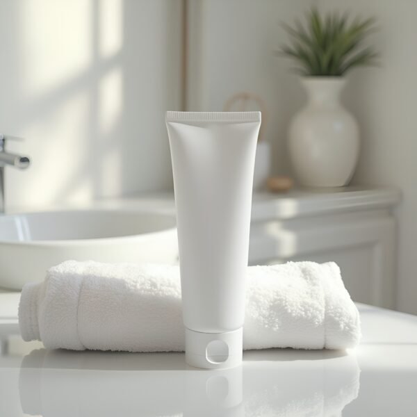 Realistic image of a bathroom counter with a white toothpaste tube mockup on it