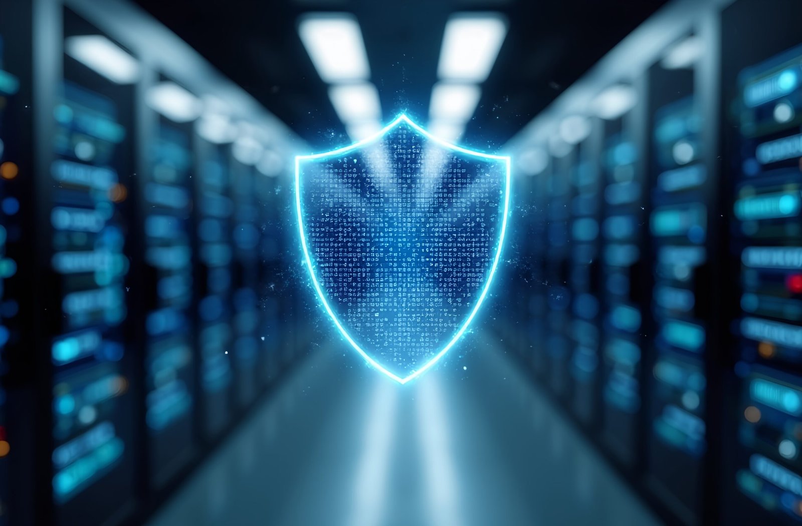Server room interior with motion blur and digital shield hologram hovering—ideal for cybersecurity, data center and IT visuals