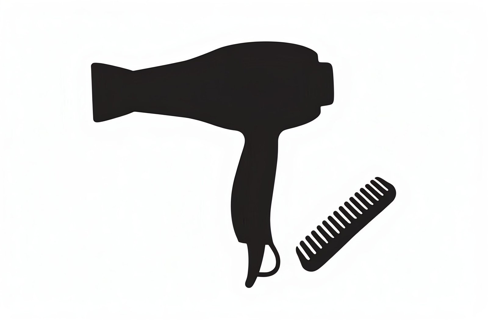 Silhouette illustration of a hairdryer and comb isolated on white background