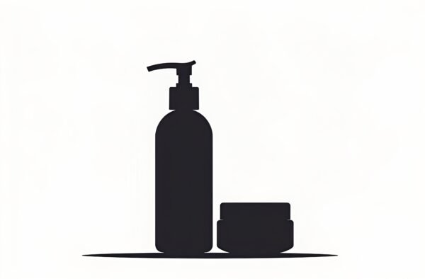 Silhouette of a bottle and pump dispenser, jar for cream for cosmetics