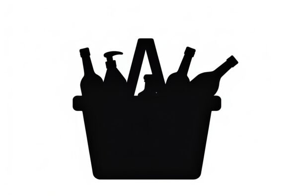 Silhouette of a grocery basket filled with items isolated on white background