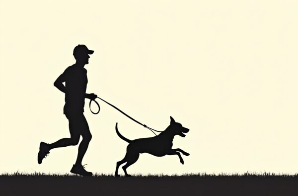 Silhouette of a man jogging with a dog on a leash