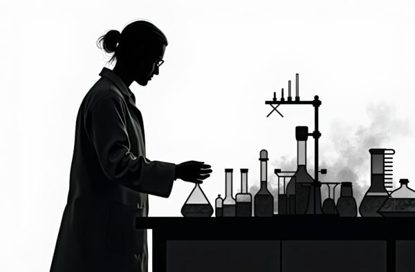 Silhouette of a scientist working at a lab bench wearing lab coat running experiment