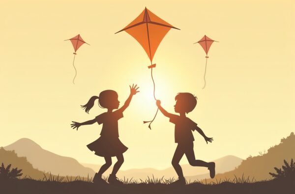 Silhouette of two children flying kites and playing