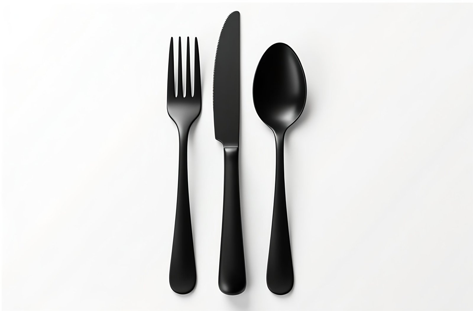 Simple black dining fork, knife, and spoon, isolated on white background
