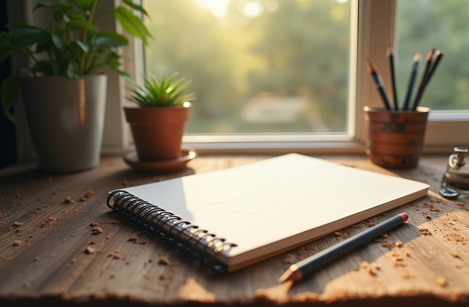 Sketchbook and pencil mockup on a textured desk under window light—ideal for creative workspace and design visuals