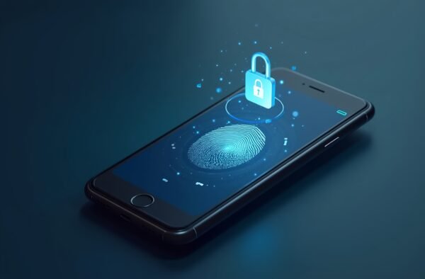 Smartphone with fingerprint icon and security padlock