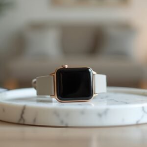 Smartwatch on marble tray with blurred home decor background—ideal for tech, lifestyle, and product visuals