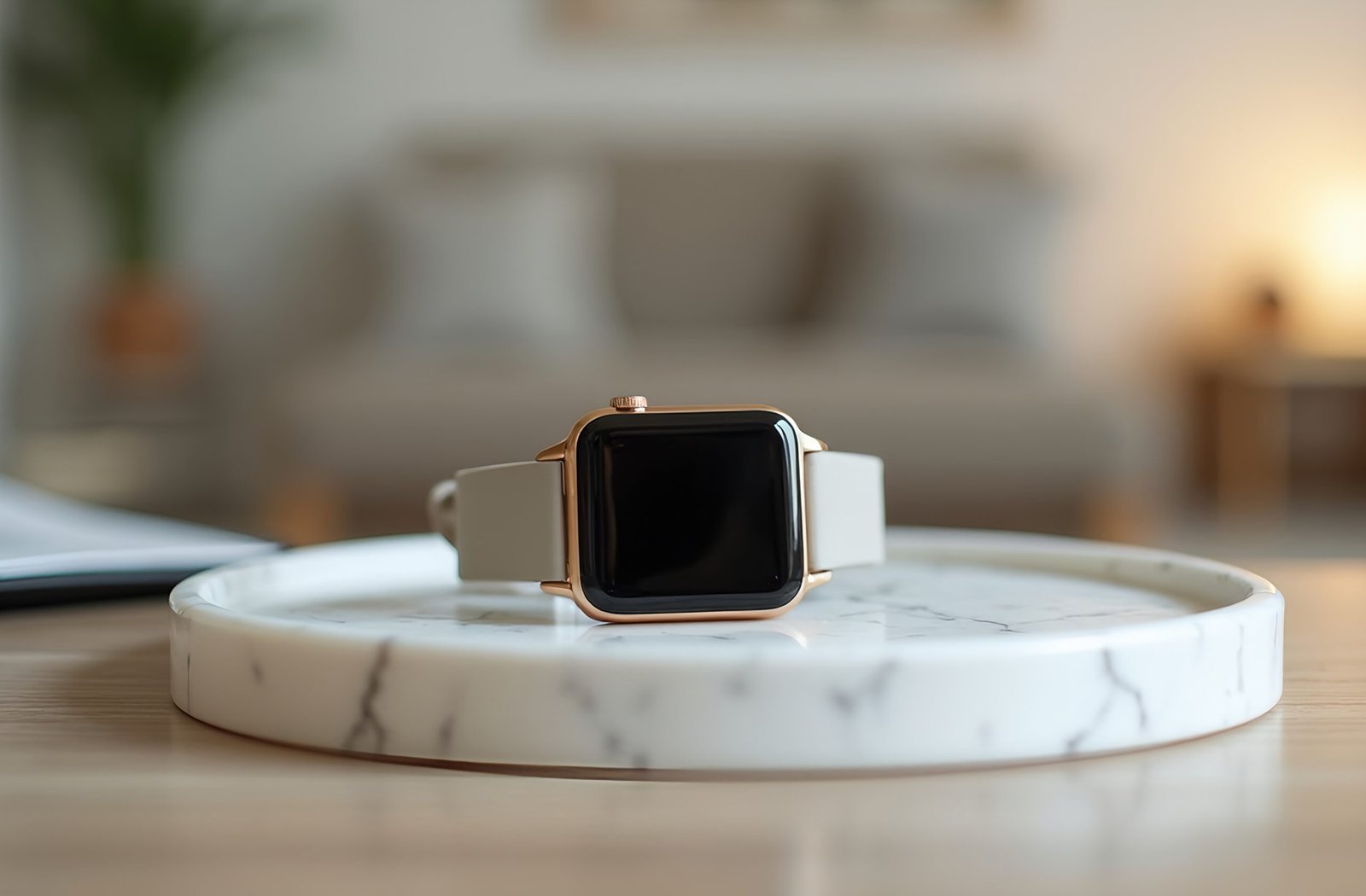 Smartwatch on marble tray with blurred home decor background—ideal for tech, lifestyle, and product visuals