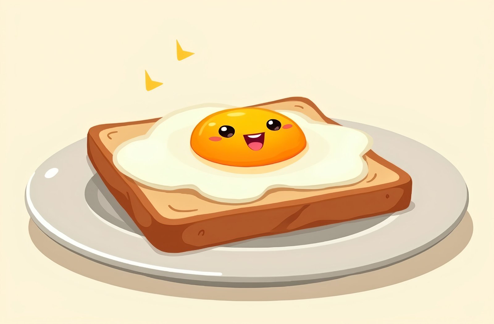 Cartoon style image of sunny side up egg on toast with happy face expression
