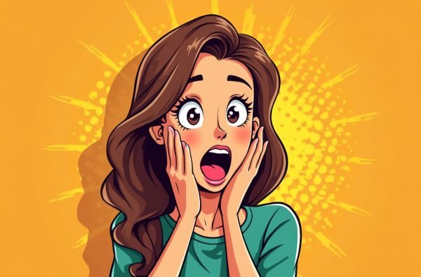 Cartoon style woman gasping in surprise with hands on cheeks