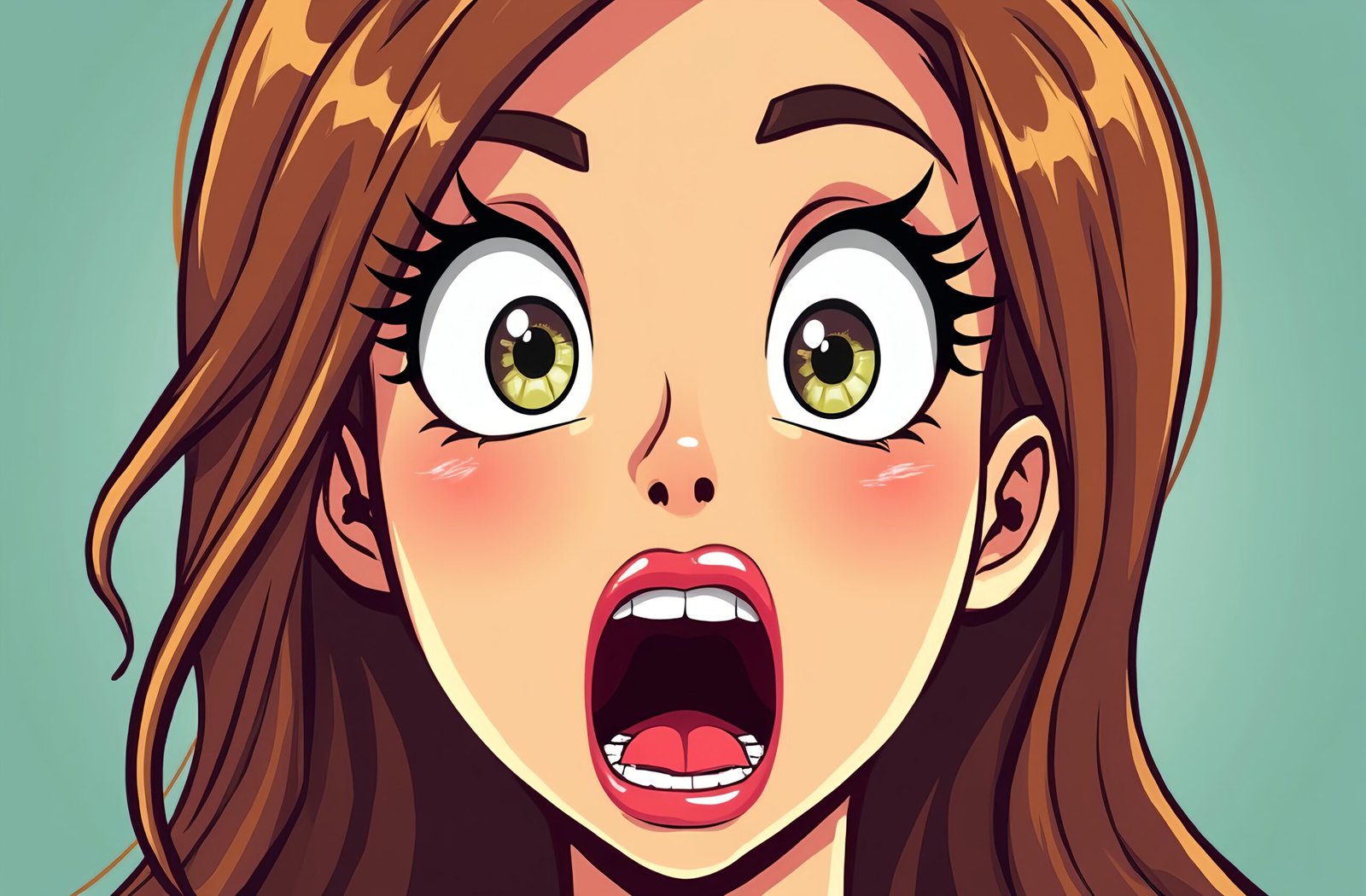 Cartoon vector icon of a surprised woman’s face with open eyes and mouth—ideal for emotion or character design visuals