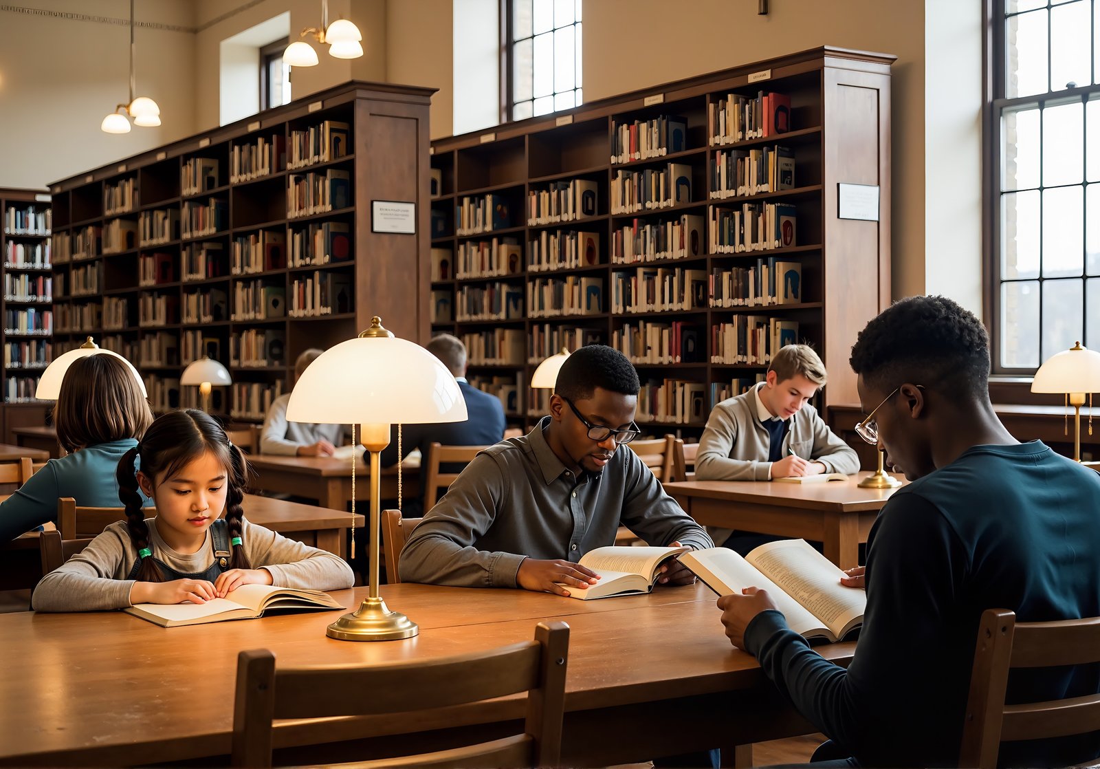 Photorealistic image of a school library with wooden shelves, students quietly reading at tables