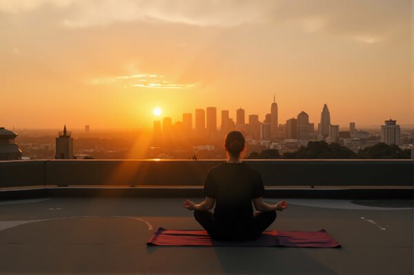 Aerial view of a woman meditating alone on a rooftop at sunset, urban skyline in the background