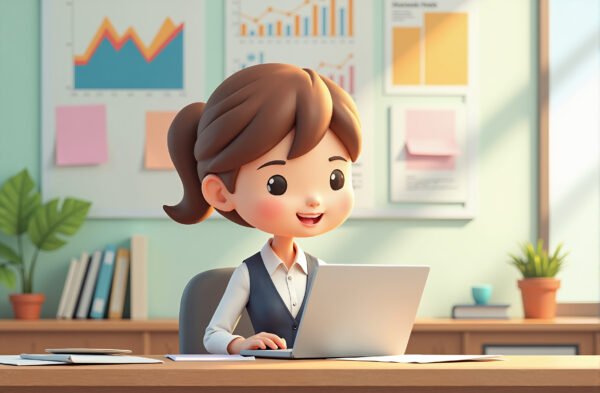 cartoon businesswoman sitting at a laptop