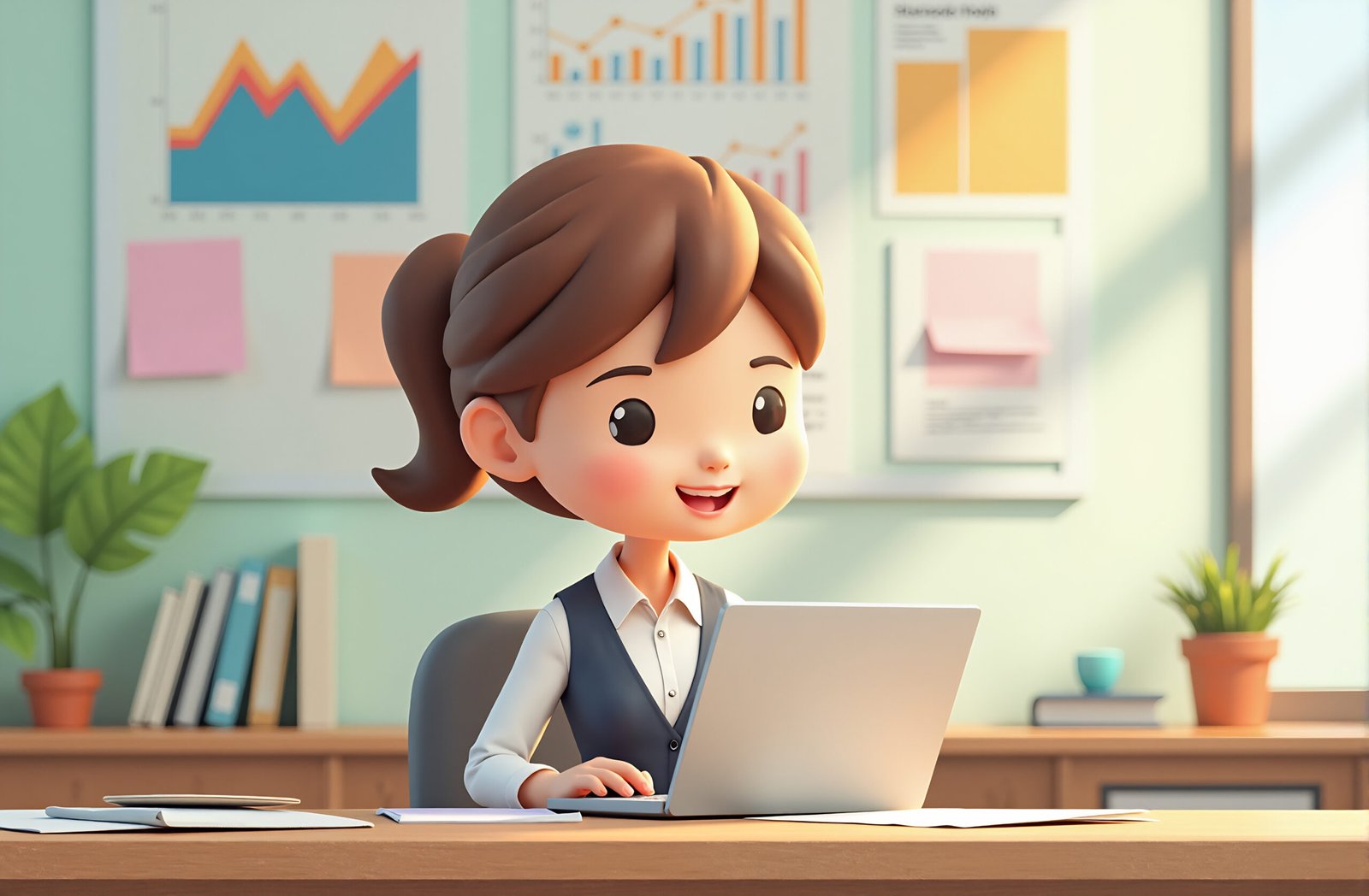 Cartoon businesswoman sitting at a desk working on a laptop—ideal for office themes, productivity visuals, and business illustrations